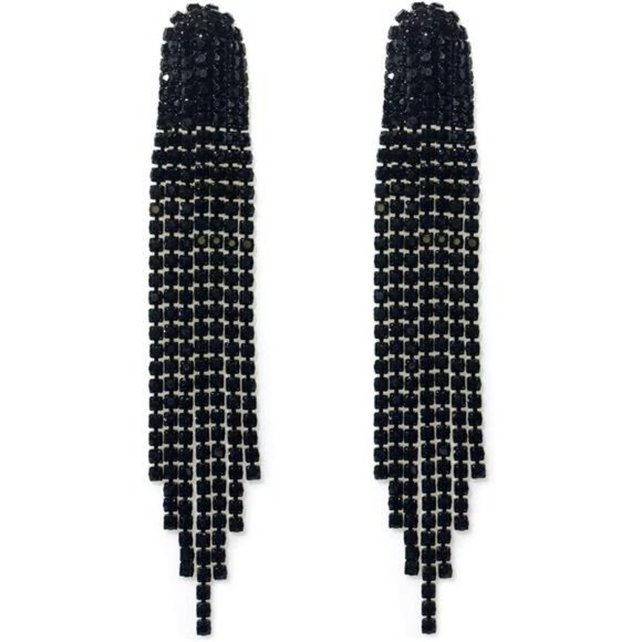 Black Earrings Large Tassel Dangle Earrings Crystal Rhinestone Clip On Earrings - Picture 1 of 2